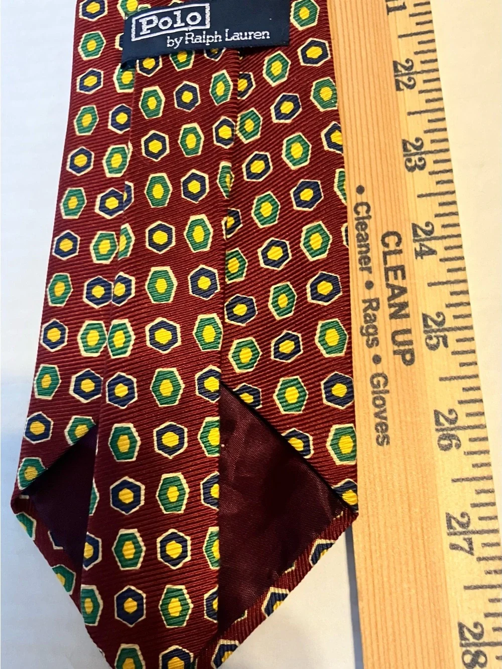 Ralph Lauren Burgundy Silk handmade Tie with Green and Yellow Hex Medallions